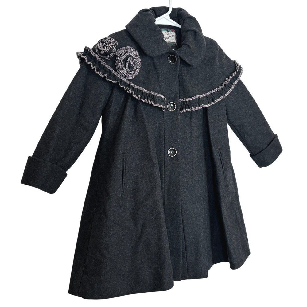 Rothschild Wool Blend Coat Girl 4T Charcoal Grey Ruffle Capelet Floral Dressy